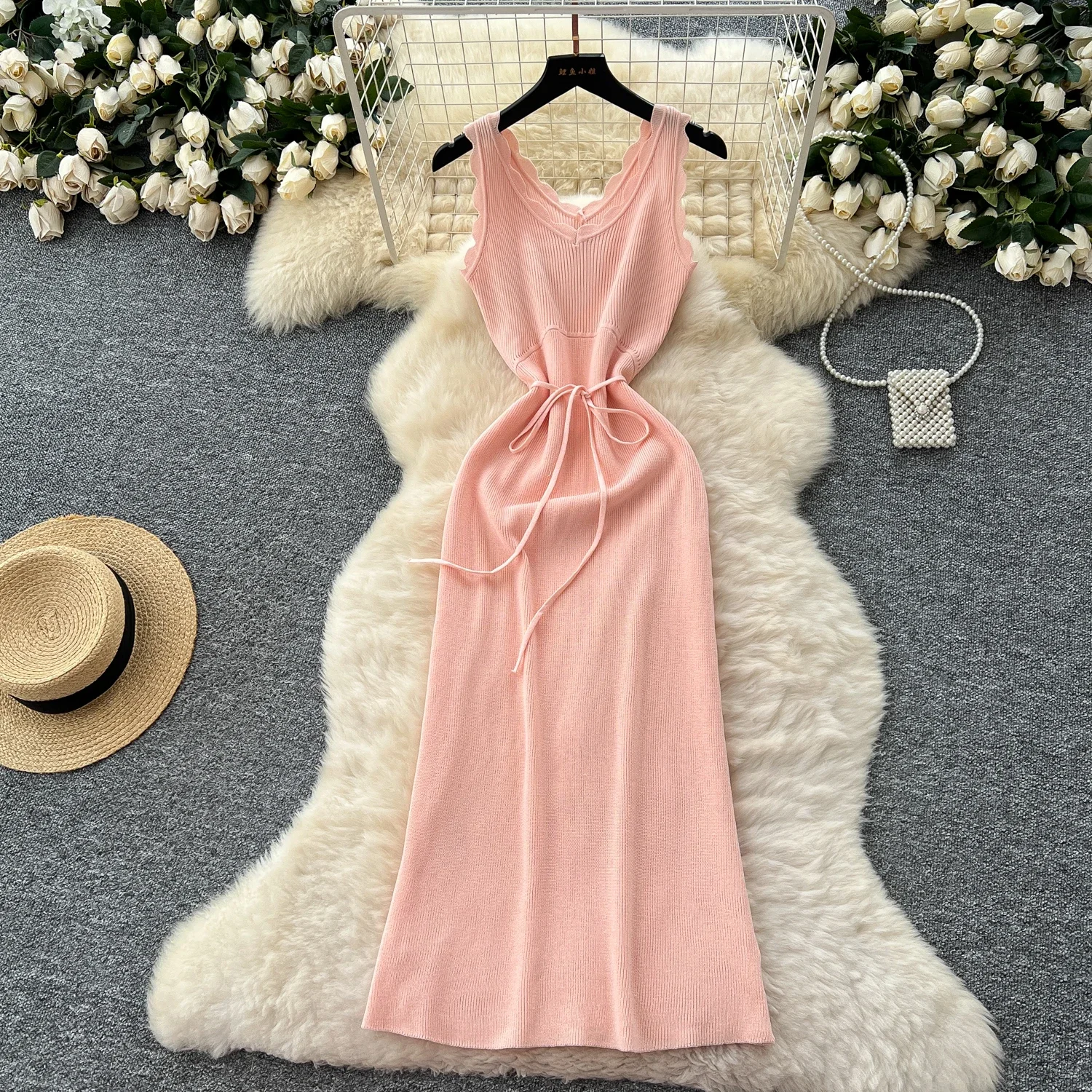 Rosa Neue Frauen Elegantes Solides Strickkleid Mit Gürtel 2025, V-ausschnitt Ärmellose Kleider Schlank Midi Langes Kleid Büro Dame