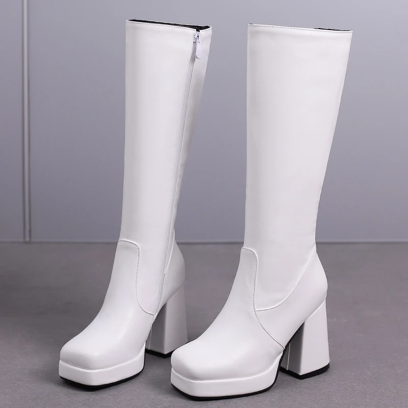 Weiße kniehohe Stiefel für Damen, Plattform 2025, sexy Reißverschluss, dicke High Heels, schwarzer langer Stiefel, Herbst-Winter-Schuhe, große Größe 44 48