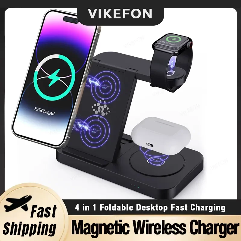 4-in-1 kabelloses Ladegerät, faltbar, schnelles Aufladen für iPhone 16–12, Apple Watch, Airpods Pro, für Samsung S24, S23, Galaxy Watch 7 Buds3 Image
