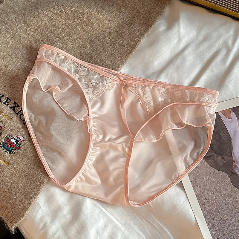 Frauen Rüschen Rand Sexy Spitze Mesh Satin Transparent Unterwäsche Dünne Atmungsaktive Hohe Elastizität Niedrige Taille Nahtlose Höschen Breifs Image