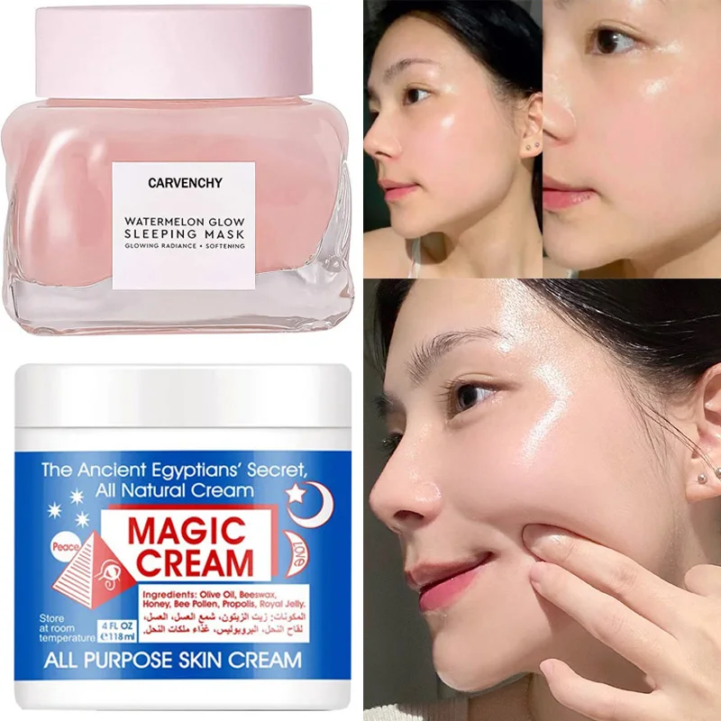 Wassermelonen-Schlafmaske, weichmachende Gesichtsfeuchtigkeitscreme, fettige Haut, feuchtigkeitsspendend für die Nacht mit Hyaluronsäure, Hautpflege oder Gesichtscreme Image