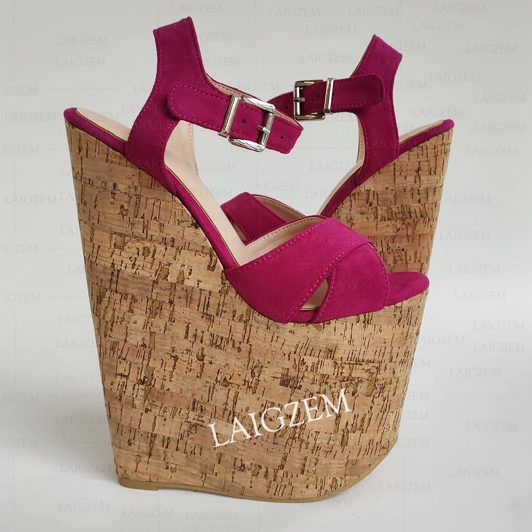 DOHBANER Frauen Sandalen Plattform Keile 22 CM High Heels Pumps Sommer Faux Wildleder Handgemachte Damen Schuhe Frau Große Größe 36 43 45 48