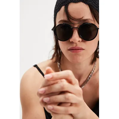 Lola Round Aviator Sunglasses at Free People in Black With Green Lens
