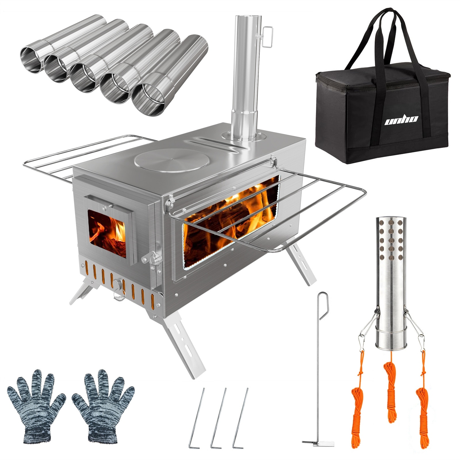Portable Camping Tent Stove Stainless Steel Outdoor Cooking Heater Log Burner Wood Burning
