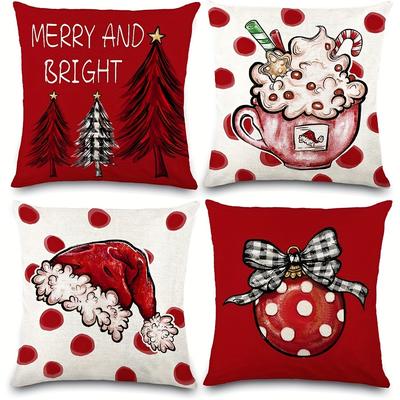 TEMU 4pcs Rustic Linen Christmas Pillow Covers, Festive Red With Polka Dots, Zippered Cushion Cases For Home Sofa Decor, Machine Washable, Country Style Holiday Throw Pillowcases Image