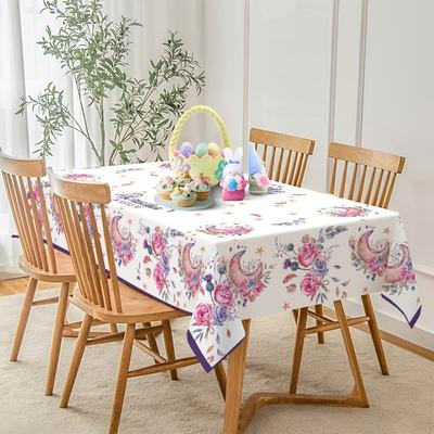 TEMU Ramadan Tablecloth 60x84 Inches - Muslim Eid Decoration With Stars, Moon & , Durable Polyester Rectangular Table Cover For Kitchen Dining, Easy-clean Vibrant Colors, Ramadan Decoration Image
