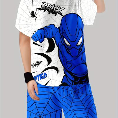 TEMU Boys Suit Printed Casual Pullover Short Sleeve Shorts T Sweatshirt, Boysoutdoor T-shirt Shorts Set Image