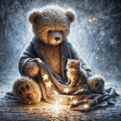 TEMU Adult Round Diamond Painting Kit - Starry Sky Bear And Kitten Mosaic Craft, With Full Diamond Acrylic Diamonds - Diy 5d Art For Wall Decoration And Gifts Image