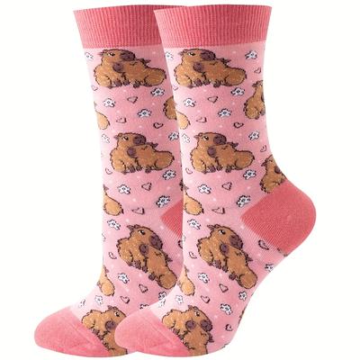 TEMU 1 Pair Of Pink Capybara Knee-socks With Floral Pattern - Soft, Hand Washable, Cute Cartoon Design For Women, Casual Wear Socks| Sock Design| Texture Image