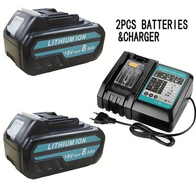 TEMU 2pcs 8.0 Battery Charger Set, Replacement Li-ion Rechargeable Batteries 18v 8000mah Battery Compatible With Makita Bl1815 Bl1830 Bl1840 Bl1850 18v 8.0ah Battery &charger With Led Indicator Image