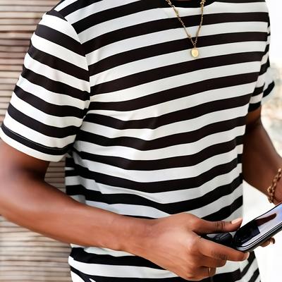 TEMU Men's Striped Round-neck T-shirt With 3d Mesh Image