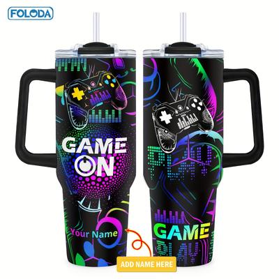 TEMU Foloda 40oz Personalized Gaming Tumbler With Handle & Straw - Bpa-free Stainless Steel, Leak-proof Travel Mug For , Customizable Design, Perfect Gift For Men, Boys, And Game Lovers Image