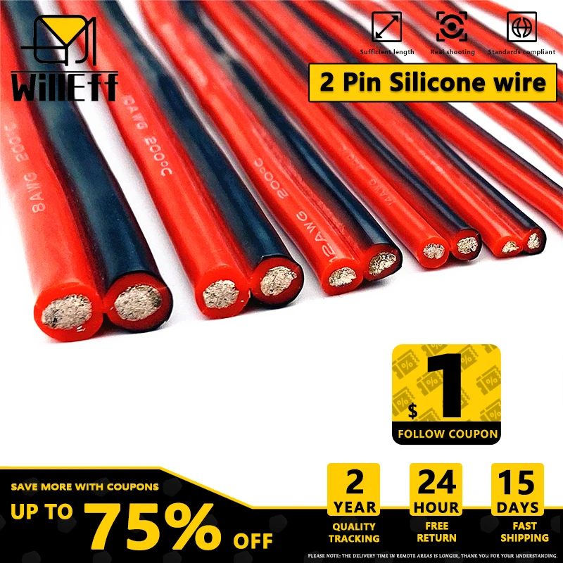 2-poliges Kabel, doppelter Silikondraht, flache Isolierung, superweicher, verzinnter, gesträhter Kupferdraht, LED, Schwarz in Rot, 20, 18, 16, 14, 12, 10, 8 AWG Image