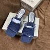 Niedrige, große Damenschuhe, Damen-Hausschuhe, Gummi-Flip-Flops, quadratischer Kopf, Rutschen, Fransen, 2025, hawaiianischer Designer, Denim, flach