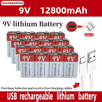 9V Lithium Battery 12800Mah Large Capacity Usb-C Fast Charging Red and White Warning Design Suitable for Smoke Alarm Multimeter Anti-Leakage and Explosion-Proof Recyclable Charging Ultra-Long Battery