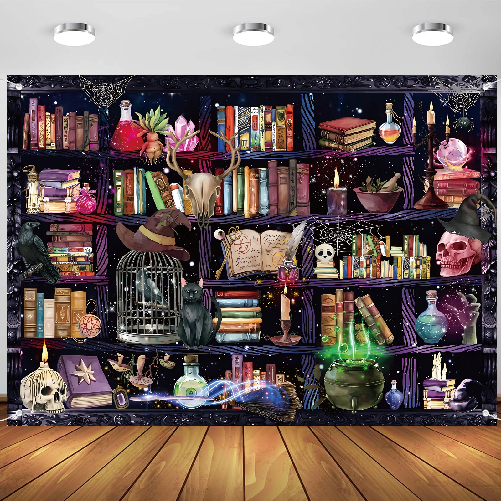 Magischer Bücherregal-Hintergrund, verrückter Wissenschaftler, Laborbanner, Halloween-Party-Dekorationen, Totenkopf, Gift, Apotheker, magische Hexe Image