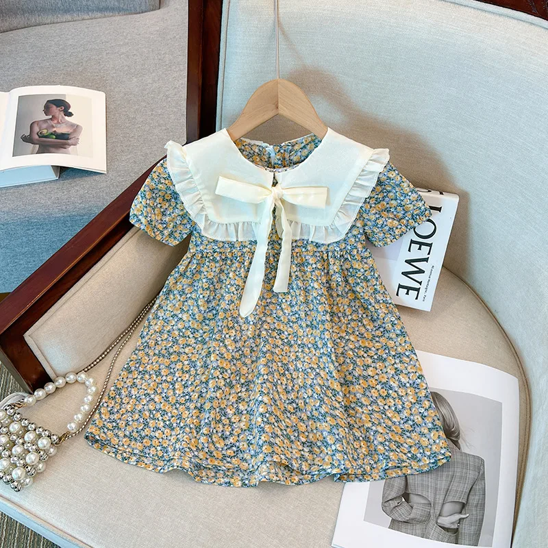 Baby Mädchen Kleid Sommer Floral Bogen Kurzarm Mädchen Kleid Nette Blase Hülse Mädchen Prinzessin Kleid Baby Kleidung Mädchen Image