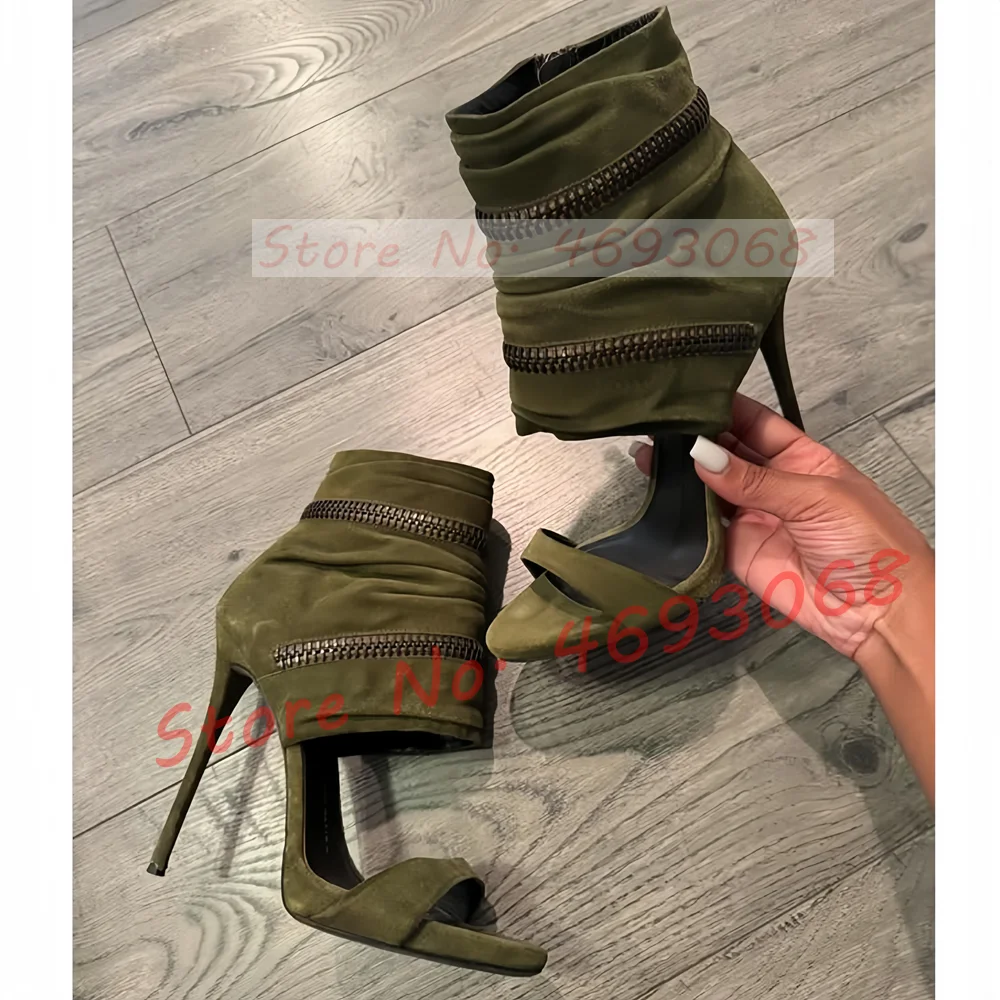 Zip Ankle Wrap High Heels Sandalen Frauen Outfit Retro Braun Sommer Elegante Flock Schuhe Weibliche Bedeckte Ferse Offene spitze Wildleder Sandalen