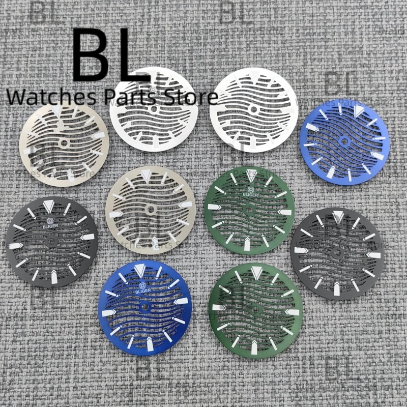 BLIGER 29mm Aushöhlen Welle Zifferblatt Für NH70 NH72 Skeleton Bewegung Schwarz Silber Blau Grün Zifferblatt C3 GreenLuminous uhr Teile Image