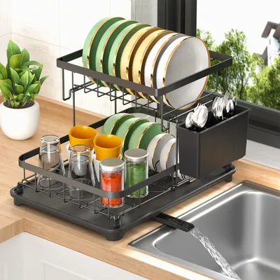 Dish Drying Rack,Dish Rack for Kitchen Counter,2 Tier Dish Rack w/a Cutlery Holder Compact Dish Drainers with 360° Swivel Drain
