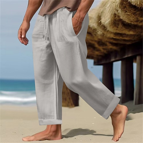 Herren Leinenhosen Hose Sommerhose Strandhose Freizeithose Tasche Kordelzug Einfach Komfort Atmungsaktiv Urlaub Täglich Ferien Einfach Lässig Dunkelbraun Meerblau Image