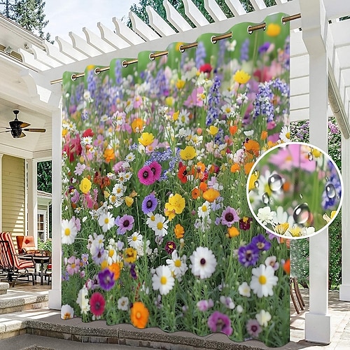 Wasserfeste Outdoor Vorhang Außenvorhänge Privatsphäre Schiebe-Patio Vorhang Drapes Pergola Vorhänge Ösen 3D Sommer Blumenlandschaft für Pavillon Balkon Veranda Party 1 Paneel Image