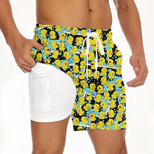 Herren Tiermotiv Lustig Ente Gefütterte Shorts 2 in 1 Badeshorts Badeshorts Mittlere Taille Hawaiianisch Urlaub Strandbekleidung Seitentaschen Mit Kompressionsfutter Elastischer Kordelzug in der Image