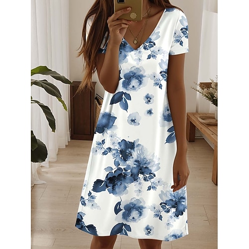 Damen Mini Kleid Lässig Kleid Elegant Tropisch Hawaiianisch Täglich Reguläre Passform 3D Druck Floral Kurzarm Rundhalsausschnitt Schwarz Weiß Pink Blau Sommer Image