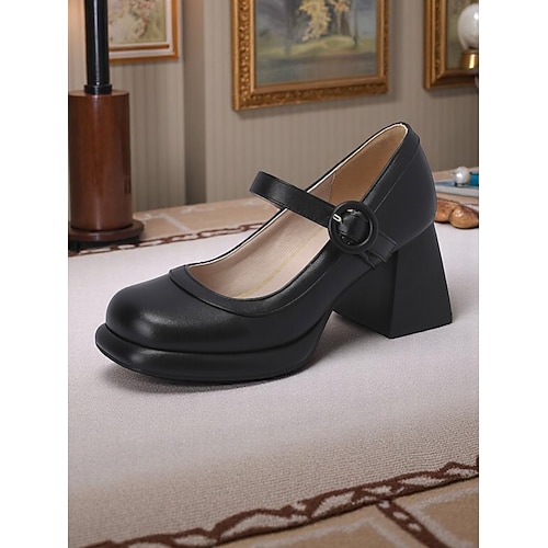 schwarz-weiße Mary-Jane-Pumps mit klobigem Absatz für Damen – Statement-Schuhe im Retro-Stil der 50er für modische Büro- und Party-Looks Image