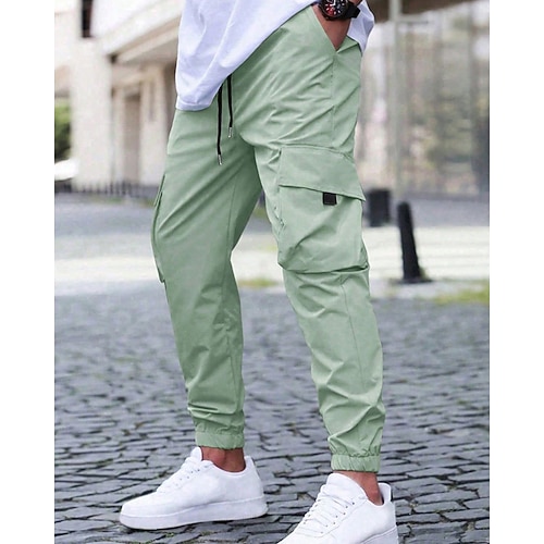 Herren Cargo-Hosen Hose Elastischer Bund Mehrere Taschen Einfach Schnelltrocknend tragbar Volle Länge Täglich Lässig Schwarz Hellgrün Image