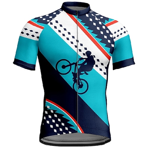 Herren Radtrikot Grafik Geometrisch Kurzarm Fahhrad T-Shirt Trikot mit 3 Gesäßtaschen Mountainbike MTB Schnelltrocknend Anatomisches Design Feuchtigkeitsableitend Atmungsaktiv Sport Rot Blau Image