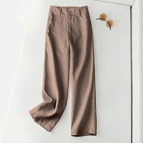 Damen Kunstbaumwollleinen Weites Bein Stoffhosen Streetwear Lässig Volle Länge Natürliche Taille Einfach Tasche Schnalle Bequem Straße Ausgehen Aprikose Schwarz Weiß Dunkelmarine Sommer Normale Image