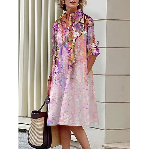 Damen Minikleid Hemdblusenkleid Freizeitkleid Sommerkleid Mode Täglich Urlaub Wochenende Normale Passform Blumen Langarm Hemdkragen Rosa Purpur Sommer Image
