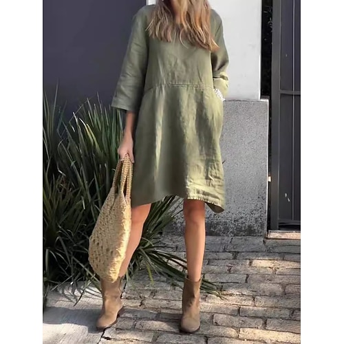 Damen Leinenähnliches Faux Baumwoll Leinen Mini Kleid Sommerkleid Lässig Alltag Reguläre Passform Grafik 3/4 Länge Ärmel Rundhalsausschnitt Weiß Pink Grün Hellgrau Sommer Image