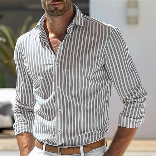 Herren Hemd Sommerhemd Freizeithemd Strandhemd Knopfhemd Hellrosa Gelb Hellgrün Rote Grün Langarm Streifen und Karo Revers Urlaub Hawaiianisch Bekleidung Polyester Mode Lässig Bequem Image