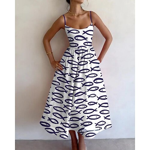 Damen Midikleid Etui-Kleid Urlaub Lässig Formell Party Grafik Tiermotiv Fisch Ärmellos Spaghettiträger WeißSchwarz Blau Weiß Weiß Rote Sommer Frühling Image