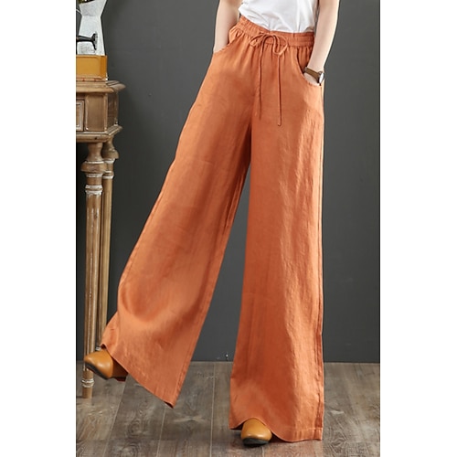 Damen Baumwoll Mischung Weites Bein Stoffhosen Mode Streetwear Volle Länge Natürliche Taille Einfach Tasche Elastisches Kordelzugdesign Bequem Straße Ausgehen Aprikose Hyazinth Grau Schwarz Sommer Image