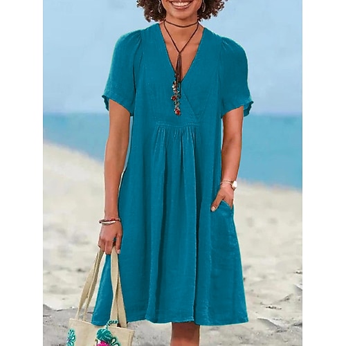 Damen Minikleid Kunstbaumwollleinen Shiftkleid A Linie Kleid Lässig Strand Täglich Normale Passform Einfach Kurzarm V Ausschnitt Hellgrün Königliches Blau Purpur Orange Sommer Image