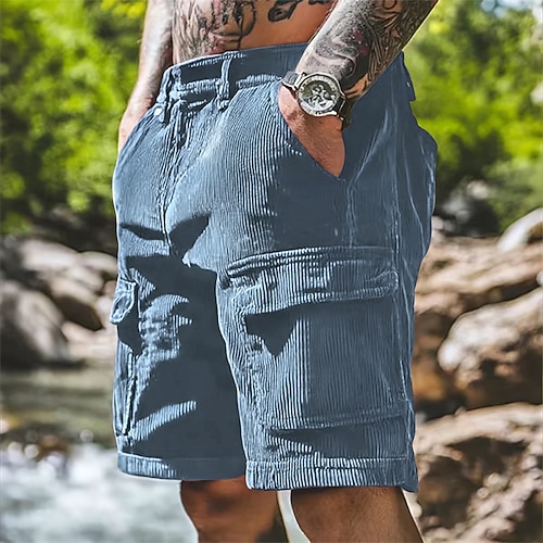 Herren Cargo-Shorts Freizeitshorts Wander-Shorts Cordshorts Elastischer Bund Mehrere Taschen Gerader Schnitt Einfach Komfort Weich Knielang Outdoor Lässig Täglich Mode Streetwear Schwarz Blau Image