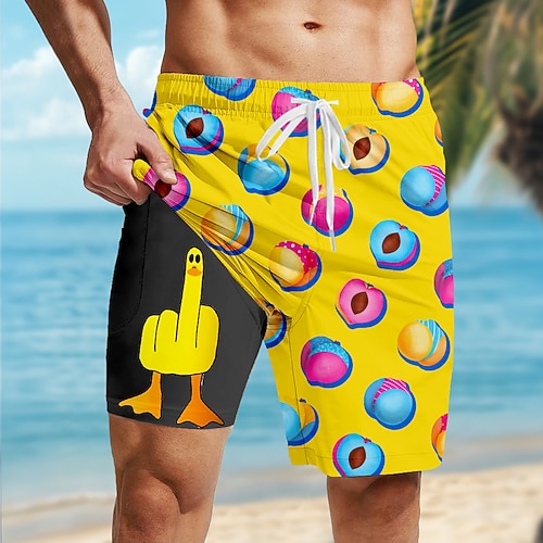 Herren Lustig Pfirsich Ente Gefütterte Shorts 2 in 1 Badeshorts Badeshorts Mittlere Taille Hawaiianisch Urlaub Ferien Strandbekleidung Seitentaschen Mit Kompressionsfutter Elastischer Kordelzug in Image