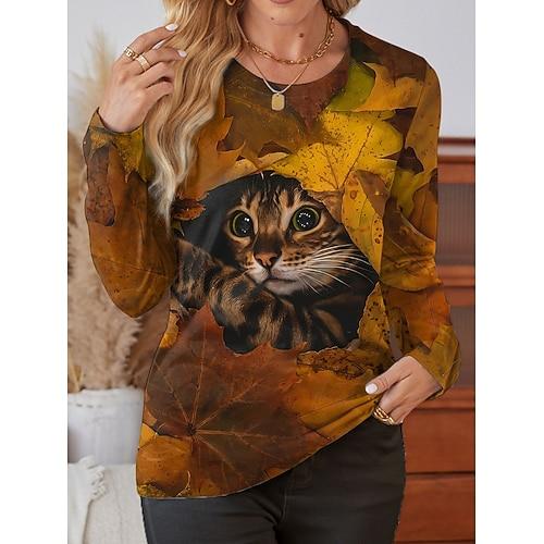 Damen T-Shirt Rundhals Langarm Tunika Katze Lässig Reguläre Oberteile Alltagsdruck Braun Frühling Herbst