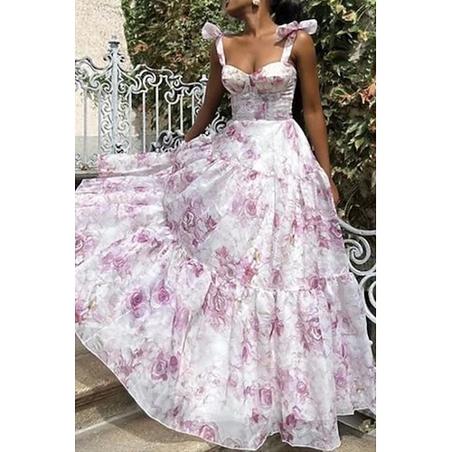Damen Langes Kleid Maxikleid Partykleid Cocktailkleid Mode Party Besonderer Anlass Normale Passform Blume Ärmellos Spaghettiträger Blau Violett Sommer Image