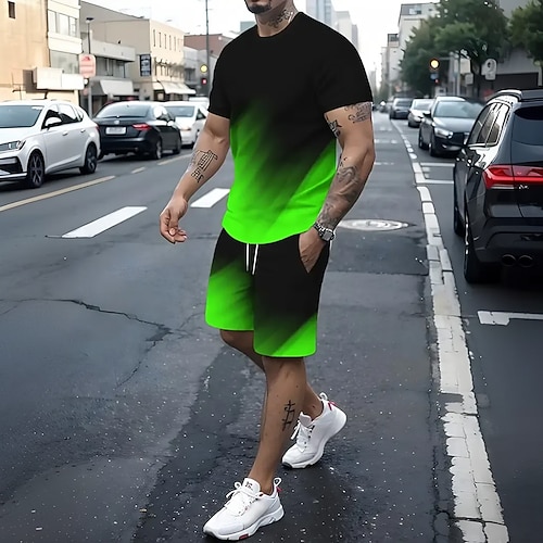 Herren Farbverlauf 2St T-Shirts-Sets Sommeroberteile Kurzarm Kurze Hosen Rundhalsausschnitt Athleisure Sport Outdoor Lässig Täglich 3D-Druck Sommer Grün Rote Blau Image