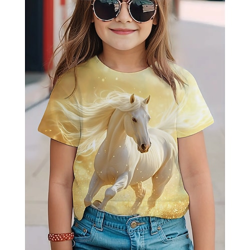 Mädchen 3D Pferd T-Shirt Kurzarm Sommer Frühling Mode Basic Kinder 4-12 Jahre Rundhalsausschnitt Outdoor Lässig Täglich Normale Passform Image