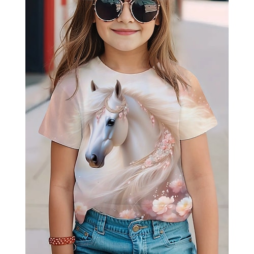 Mädchen 3D Pferd T-Shirt Kurzarm Sommer Frühling Mode Basic Kinder 4-12 Jahre Rundhalsausschnitt Outdoor Lässig Täglich Normale Passform Image