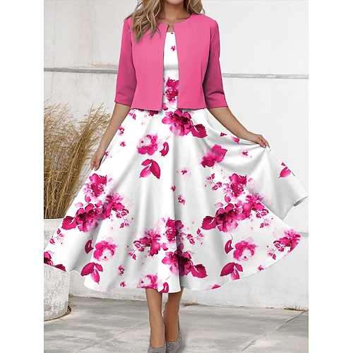 Damen Zwei-Teiler Kleid Sets Midi Kleid mit Jacke Elegantes A-Linien Kleid Halbarm Casual Blumenmuster Rundhals Date Pink Blau Lila Regelmäßige Passform Image