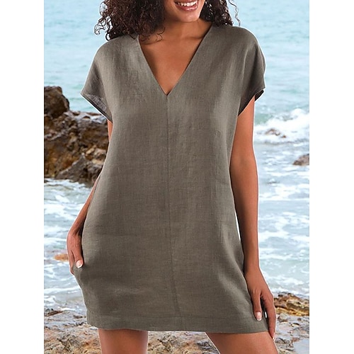 Damen Minikleid Freizeitkleid Klassisch Urlaub Date Ausgehen Lässiger Schnitt Einfach Kurzarm V Ausschnitt Schwarz Dunkelgrün Kamel Grau Sommer Image