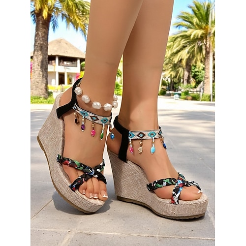 Damen-Keilsandalen im Boho-Stil mit Perlenbesatz – geflochtene Plateauschuhe mit Knöchelriemen im Tribal-Stil für Strand, Festivals und Urlaub Image