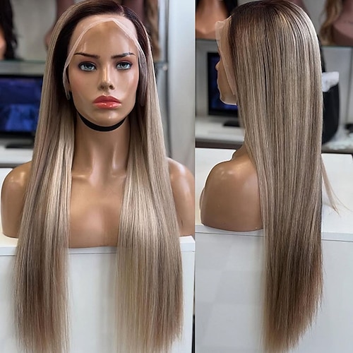 Rohes Menschenhaar 5x5 Lace-Closure-Perücken Ombre-Aschblond-Highlights 13x4 freie Teil-Spitzenfrontperücke mit Babyhaar-Highlights Menschenhaarperücken Image