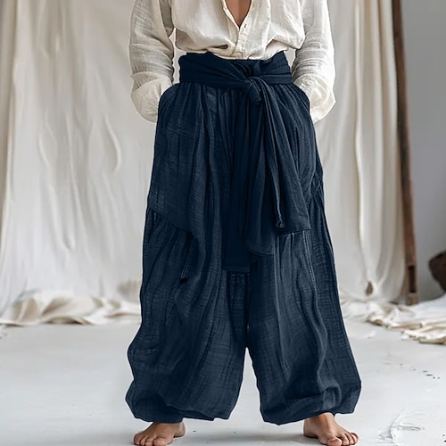 Herren Leinenhosen Hose Sommerhose Baggy-Hosen Kordelzug Elastischer Bund Weites Bein Einfach Komfort Atmungsaktiv Volle Länge Heim Yoga Ferien Mode Klassicher Stil Weiß Marineblau Mikroelastisch Image